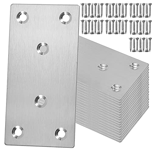 ZOENHOU 40 PCS Mending Bracket Plate with Screws, 4 x 2 Inch Heavy Duty Stainless Steel Flat Bracket, Metal Straight Fixing Joining Shelf Mending Braces for Wood Furniture Cabinet