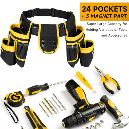 LEFOR·Z Tool Belt with Suspenders,27-Pockets Heavy Duty Tool Belts for Men - color: Black/Yellow