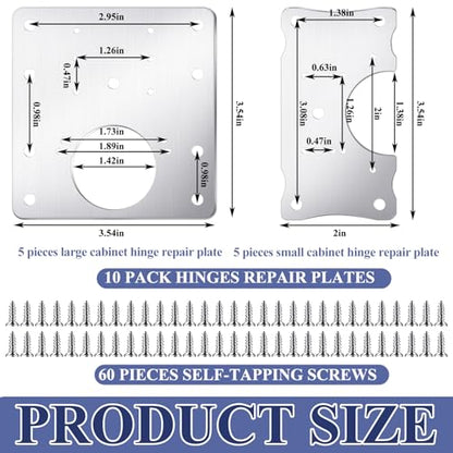 Yaocom 10 Pcs Cabinet Hinge Repair Kit - Stainless Steel - Silver - Polished - 5 Large & 5 Small Repair Plates with 60 Screws
