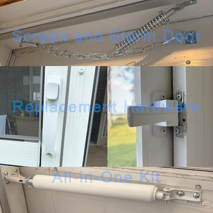 Pneumatic Door Closer Kit for Screen and Storm Doors, Includes Push Button Latch and Protector Chain Spring (White All-in-One, 1 Set) - style: White All-in-One