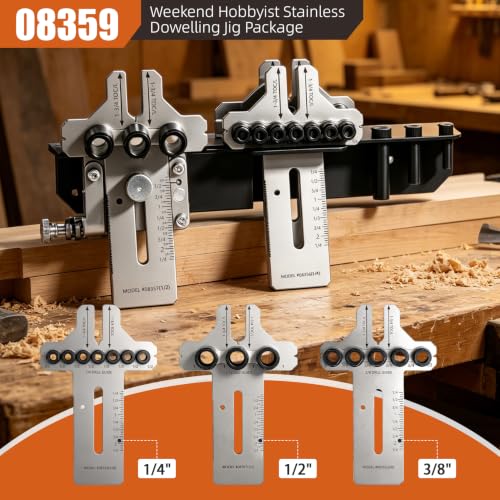 08359 Stainless Steel Dowel Jig Kit, Precision Woodworking Doweling Jig with 90 Degree Angle Bracket, 1/4" 3/8" 1/2" Dowel Hole Drilling Guide Locator for Furniture Cabinet Joinery DIY Wood Projects