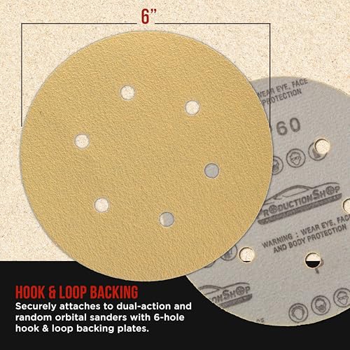 ProductionShop Premium 60 Grit 6" Gold Sanding Discs, 6-Hole Pattern, Box of 80 - Dustless Hook & Loop Backing Sandpaper for DA & Random Orbital Sanders, Sand Auto Paint, Wood Woodworking Furniture