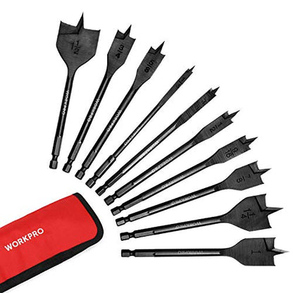 WORKPRO 10-Piece Pro Spade Drill Bit Set, 1/4" to 1-1/2" - color: Black Oxide, size: 1/4" - 1-1/2"