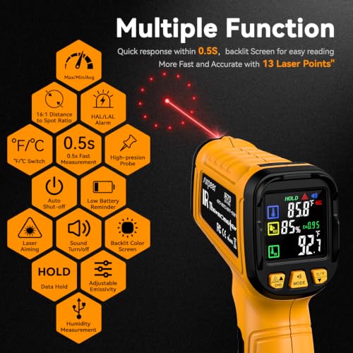 Infrared Thermometer Gun -58°F to 1796°F, 50:1 Temperature - color: Yellow