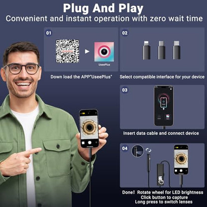 Preciva Endoscope Camera with Dual Lenses, 1920P HD Borescope Camera with 8 Adjustable LED Lights, 16.5ft Semi-Rigid for iOS and Android