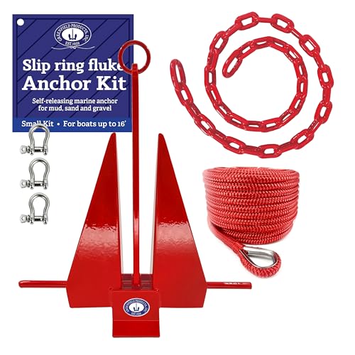 Greenfield Fluke Boat Anchor Kit, Boats to 16 ft or 22 ft, Rope & Chain - color: Red, size: For Boats Up to 16 Feet