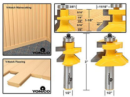 YONICO Tongue and Groove Router Bits Set Flooring 2 Bit Flooring 1/2-Inch Shank 15227 - style: V-Notch - Large - 1/2" Shank