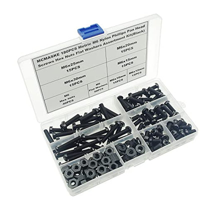 180PCS M6 Black Nylon Phillips Pan Head Screws Nuts Washers Kit - size: M6
