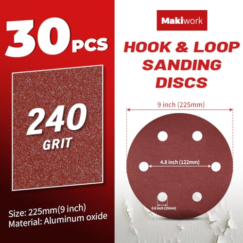 30PCS 9-Inch 6-Hole 240 Grit Hook & Loop Sanding Discs – Heavy-Duty Aluminum Oxide Sandpaper for Drywall Sander, Paint Removal, Wood & Metal Surface Prep - style: 6 Hole