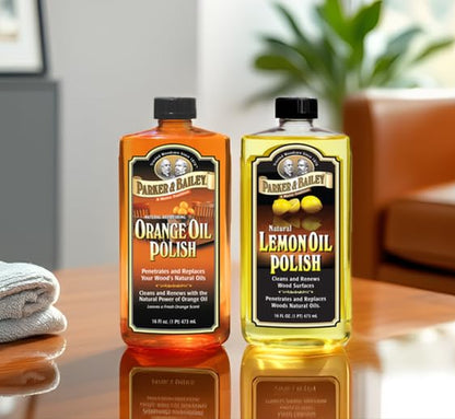 Parker & Bailey Woodcare Oil Polish Kit – Lemon Oil & Orange Oil Furniture Cleaner & Wood Restorer – Natural Wood Polish for Tables, Cabinets & Furniture Shine Bundle