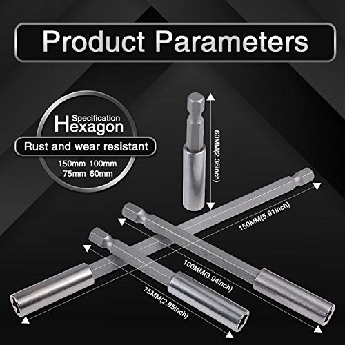 KATUR 60-150mm Magnetic Bit Holder Extension, Quick Release Screwdriver Drill Bit Holder Extension for Screws, Nuts, Drills, Handheld Drivers, 4Pcs, 1/4 Inch Hex Shank