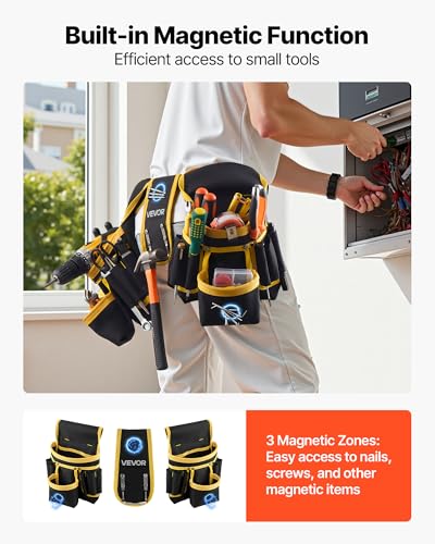 VEVOR Tool Belt, Magnetic Tool Pouch for Men, 28 Pockets Heavy Duty Adjustable Utility Belt Detachable Work Bag for Electrician, Carpenter, Construction, Work Apron Organizer, Waist Adjust 31 to 48in - size: 28 Pockets