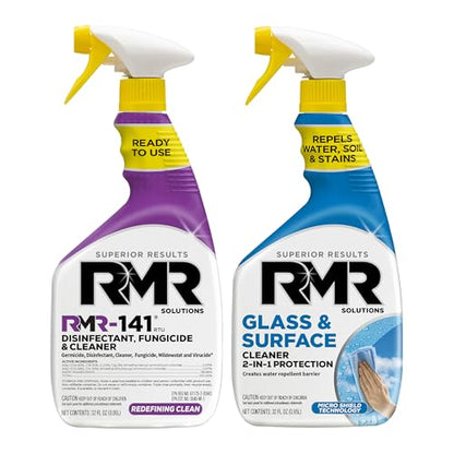 RMR Defend & Detail Duo – RMR-141 EPA Registered Mold & Mildew Spray + Glass & Surface Cleaner/Repellent, 2-Step Clean & Protect System for Glass, Tile, Bathrooms, Surfaces, 2–32 Oz Bottles