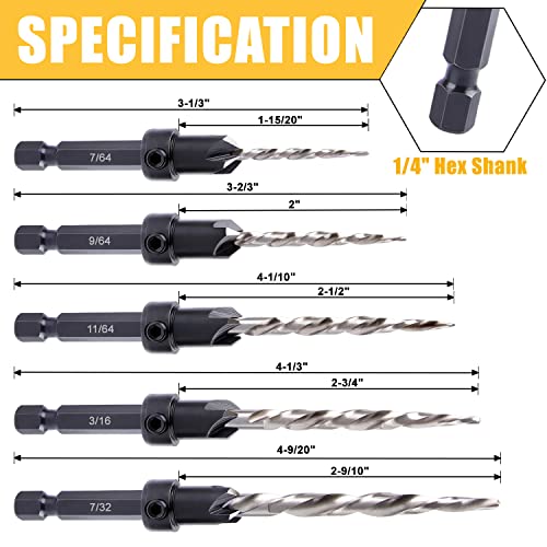 Wood Countersink Drill Bit Set, Newdeli 5Pcs Countersink Drill Bit #4、6、8、10、12, Tapered Drill Bits with 1/4" Hex Shank Quick Change and Allen Wrench, Counter Sinker Drill Bit Set for Woodworking - style: 5 Sizes Set(#4、6、8、10、12)