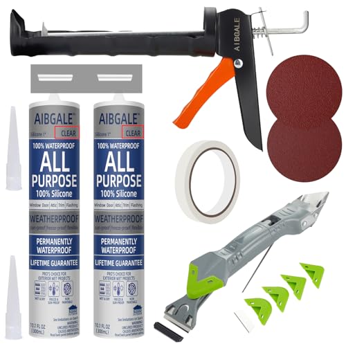 Caulking Tool Kit, Caulking Gun, 2 Clear Silicone Sealant with Gun - All-Purpose 100% Silicone Caulk (20 oz Tube), and 5 in 1 Scraper/Smoothing Tool, Sandpaper, Gloves and Masking Tape - color: 2 Clear Sealant