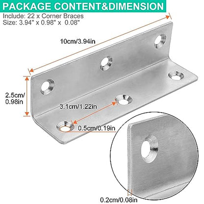 AKOLAFE 22PCS Stainless Steel Angle Brackets - 3.9'x1' Heavy Duty Corner Brace 90 Degree Internal L Brackets for Wood Joint Fastener