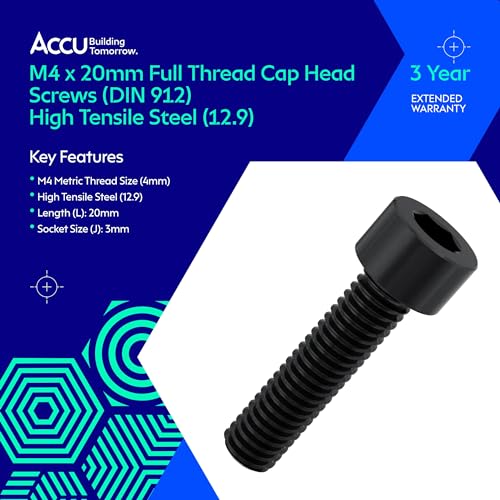 Accu - M4 x 20mm Full Thread Cap Head Screws (DIN 912) - High Tensile Steel (12.9) (Pack of 50) - color: High Tensile Steel (12.9), size: M4 x 20mm