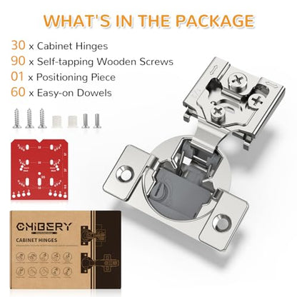 Chibery 30 Pack 1/2” Overlay 4D Soft Close Cabinet Hinges, Concealed Face Frame, Adjustable Closing Speed, 105° Opening Smooth Slow, Hidden Self Closing for Kitchen Corner, Cupboard (with Template) - size: 1/2” Overlay