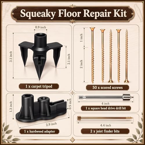 Chumia Squeaky Floor Repair Kit Includes Joist Finder Drill Bits Tripod Fixture 50 Replacement Screws and Furniture Repair Kit Wood Markers for Stains Scratches Tables Desks Hardwood Carpet
