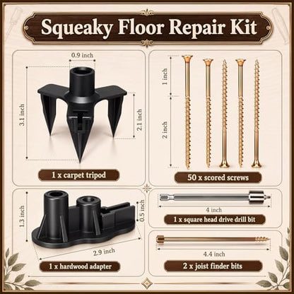 Chumia Squeaky Floor Repair Kit Includes Joist Finder Drill Bits Tripod Fixture 50 Replacement Screws and Furniture Repair Kit Wood Markers for Stains Scratches Tables Desks Hardwood Carpet
