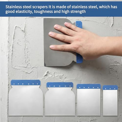 JIEYAO 4Pcs Stainless Steel Body Filler Spreader, 4 Sizes Metal Putty Knife Multipurpose Automotive Scraper Repair Tool for Applying Glaze, Plaster, Cement, Paint, and Wall Decoration Hand Tools