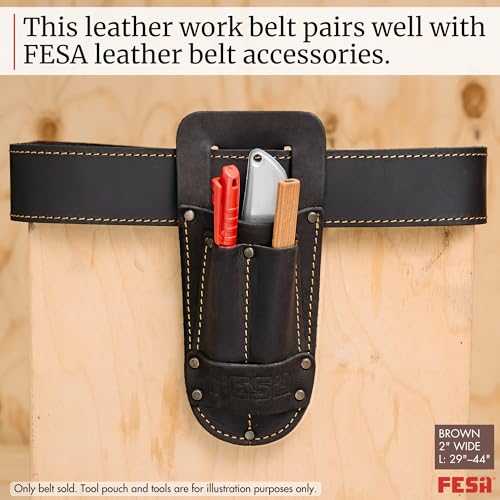 FESA Men's Leather Tool Belt - Handcrafted Top Grain Leather Tool Pouch Belt for Carpenters & Other Trade Professionals - color: Brown - 2" Wide - L