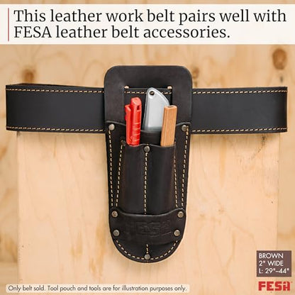 FESA Men's Leather Tool Belt - Handcrafted Top Grain Leather Tool Pouch Belt for Carpenters & Other Trade Professionals - color: Brown - 2" Wide - L