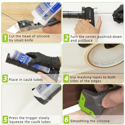 Caulking Tool Kit, Caulking Gun, 2 White/Clear Silicone Sealant with Gun - All-Purpose 100% Silicone Caulk (20 oz Tube), and 5 in 1 Scraper/Smoothing Tool, Sandpaper, Gloves and Masking Tape - color: 2 Clear+white Sealant