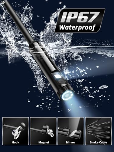 Acoath Endoscope Camera with Light, Dual-Lens 1920P HD Borescope with 8 Adjustable LED Lights, IP67 Waterproof Boroscope Inspection Tools, 33ft Semi-Rigid Snake Camera for iOS & Android - size: 33FT Snake Camera