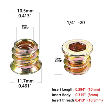 200Pcs 1/4"-20x10mm Hex Nut Inserts Wood Threaded Fastener for Furniture - color: 200 Pcs 1/4"-20 x 10mm