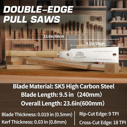 Japanese Hand Pull Saw, 9.5 In Ryoba Double Edge Saw of 9/18 TPI Professional Rip & Cross Cut Tool to Help Carpenter for achieve Soft Hard Woods or Furnitures Cutting Work Accurately Quickly - style: 9.5 Inch (240mm) Japanese Pull Saw