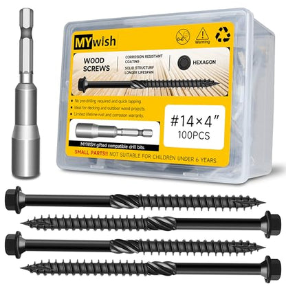 100Pcs 4 Inch Wood Screws, #14 x 4 Heavy Duty Outdoor Wood Screws Assortment Kit Deck Screws, Black Timber Screws Lag Bolts, Hex Socket Included Hex Head Log Landscaping Black Long Screws By Mywish - size: #14 x 4"