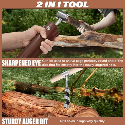 Bushcraft Gear Hand Auger Drill, Scotch Eye Wood Auger Drill Bit with Leather Case for Camping Backpacking Hiking