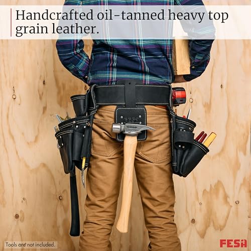 FESA 3 Inch Leather Tool Belt for Men with Hammer Holder Adjustable 34"-44" - color: Black