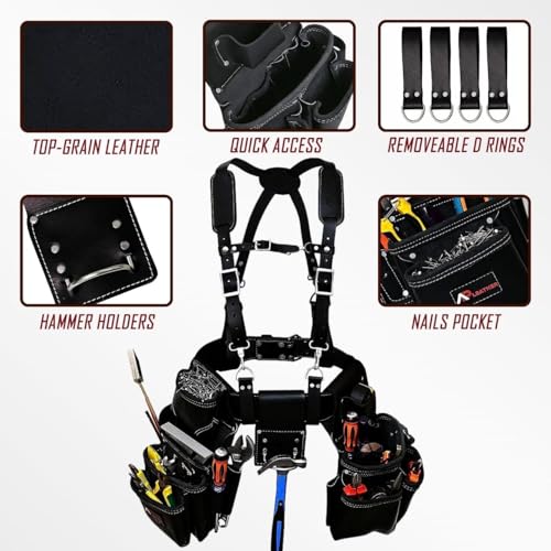 Heavy-Duty Leather Tool Belt with Suspenders – Extra Large Adjustable Waist 30" to 56" – Back Support Tool Pouch System for Construction, Framer, Carpenter, Handyman (Black) - size: 19 Pocket Black