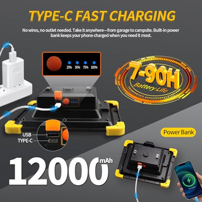 12000mAh Rechargeable LED Work Light, Magnetic Work Light 90H Long Lasting Remote Control Construction Lights IP65 Waterproof 4 Modes Job Site Lighting for Outdoor,Garage - size: work light