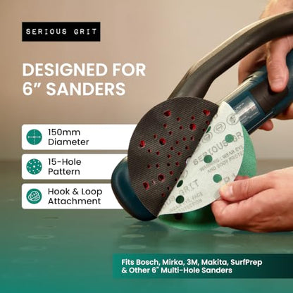 Serious Grit - 6-Inch 15-Hole P220 Grit Sanding Discs - 50 Pack Box - size: 220 Grit