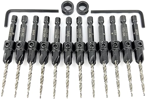 FTG USA 12 Pc #6 (9/64") Tapered Countersink Drill Bit Set with 2 Stops - size: #6, style: Same Sort 12 Pc