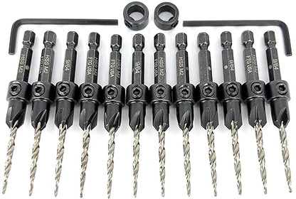 FTG USA 12 Pc #6 (9/64") Tapered Countersink Drill Bit Set with 2 Stops - size: #6, style: Same Sort 12 Pc