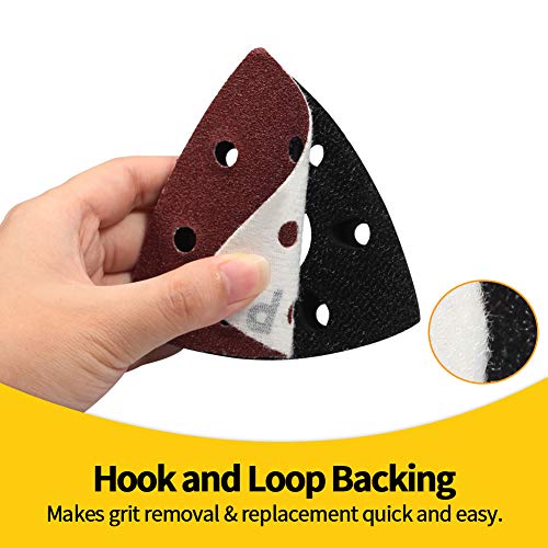 SPEEDWOX 50 Pcs Triangle Sanding Pads Hook and Loop 100 Grit Oscillating Sanding Pad 90mm 6 Holes Fit 3-1/2 Inches Oscillating Multi Tool Detail Sander Sandpaper Triangle Sanding Discs Sanding Tool - style: 100 Grit