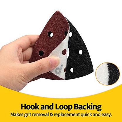 SPEEDWOX 50 Pcs Triangle Sanding Pads Hook and Loop 100 Grit Oscillating Sanding Pad 90mm 6 Holes Fit 3-1/2 Inches Oscillating Multi Tool Detail Sander Sandpaper Triangle Sanding Discs Sanding Tool - style: 100 Grit