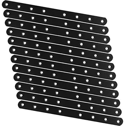 12 PCS 10 Inch Mending Plate Black Straight Braces for Wood Heavy Duty Corner Braces Straight Metal Brackets with Holes Flat Metal Bar Connector Mending Joining Bracket for Repair Fixing Fence Shelves
