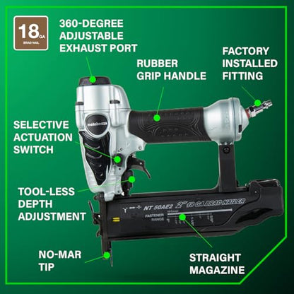 Metabo HPT Brad Nailer, Pneumatic 18 Gauge Adjustable Depth, NT50AE2 - size: 18-Gauge