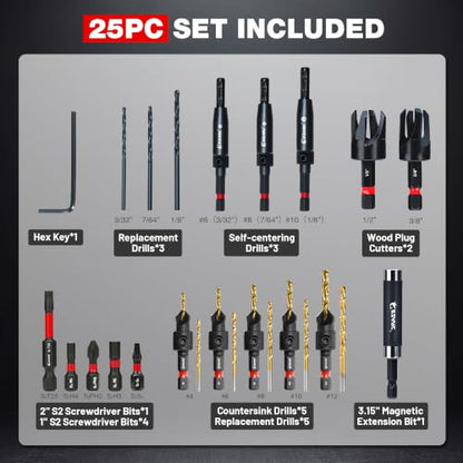 EZARC 25PCS Countersink Drill Bit Set with Self Centering Drill Bits