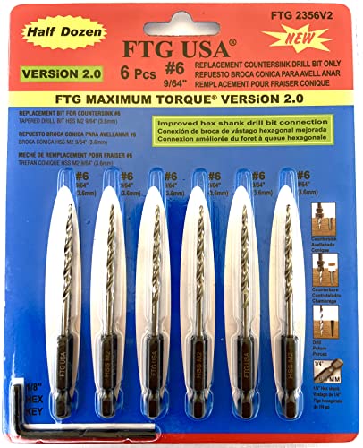 FTG USA 6Pc #6 (9/64") Replacement Countersink Drill Bit Set Tapered Bits - size: #6 (9/64"), style: 6 Bits w/o cutter