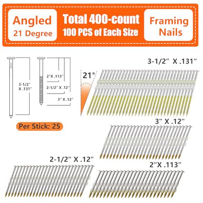 HDG 21 Degree Framing Nails 4 Assorted Sizes 400 PCS - size: Assembly-400 PCS