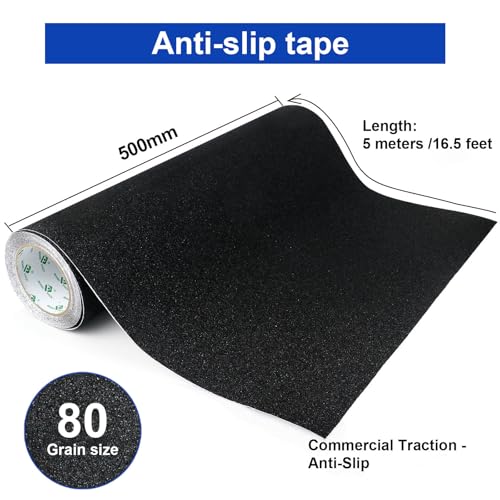 BOMEI PACK Black Anti Slip Tape, 20 Inch x 16.5 Foot Non-Slip Traction Grip Tape for Stairs, Waterproof Stair Treads Grip Non Slip, Non Skid Tape for Steps, Outdoor Black Grip Tape - size: 500mm
