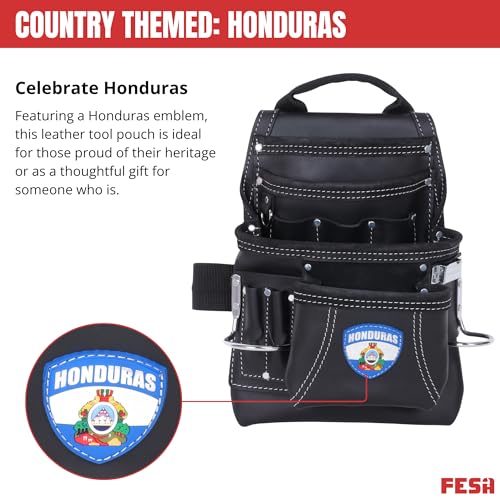 FESA Leather Carpenter Tool Pouch - 10-Pocket Heavy Top Grain Leather Carpenter Pouch with 2 Hammer Loops, Large & Small Pockets - Fits Work Belts up to 3" - Handcrafted - Country-Themed - color: Black - Honduras