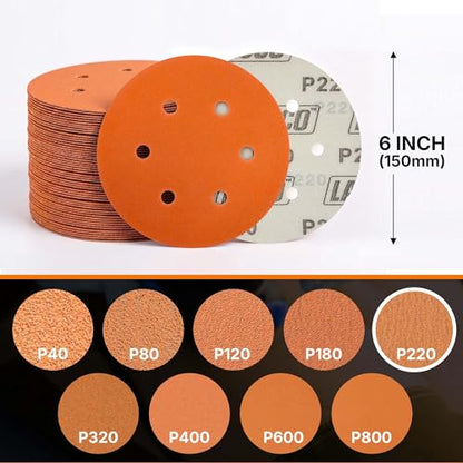 50 PCS 6 Inch 6 Hole Ceramic Sanding Discs P220 Grit, Hook and Loop Orbital Sandpaper, Heavy Duty Sandpaper for Wood, Metal, Automotive, Paint Removal 37508 - size: P220