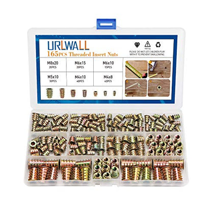165PCS Threaded Inserts Nuts, Wood Insert Assortment Tool Kit, M4/M5/M6/M8 Furniture Screw in Nut Inserts Metric Bolt Fastener Hex Socket Drive for Wood Furniture Assortment